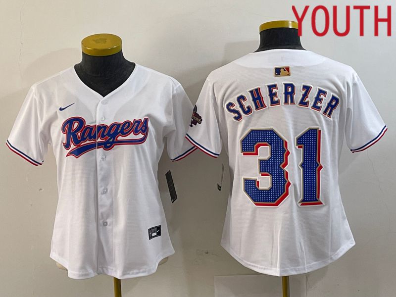 Youth Texas Rangers 31 Scherzer White Champion Game Nike 2024 MLB Jersey style 1